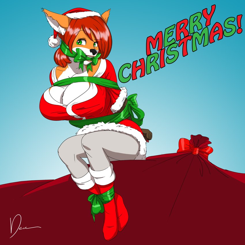 anthro bdsm bondage bound breasts christmas_clothing christmas_headwear cleavage clothed clothing female fully_clothed gag hands_behind_back hat headgear headwear holidays rope santa_hat sitting solo furrybound christmas scarlett_(furrybound) canid canine fox mammal 1:1 absurd_res hi_res