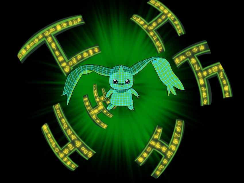 anthro beady_eyes frown horn long_ears male solo wireframe fallacies bandai_namco digimon digimon_(species) terriermon 4:3 green_theme hi_res