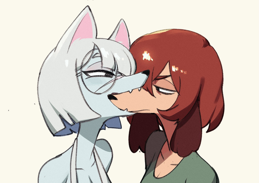 annoyed anthro bite breasts brown_hair cleavage clothed clothing collarbone duo ears_down eyewear female female/female floppy_ears glasses hair pivoted_ears scar simple_background white_background white_hair colo helena_richter misha_(colo) canid canine canis domestic_dog mammal 2021 hi_res