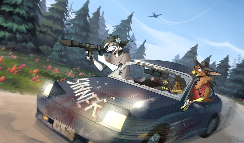 accessory aiming aircraft airplane ambiguous_gender anthro arm_tuft beak black_body black_fur black_hair blood bodily_fluids brown_body brown_fur bullet_hole car claws clothing day detailed_background driving duo ears_back ears_down elbow_tuft evil_grin female flower flower_in_hair forest forest_background fur green_eyes gun hair hair_accessory hat headgear headwear inside_car inside_vehicle jewelry multicolored_body multicolored_fur multicolored_hair nature nature_background necklace outside pivoted_ears plant ranged_weapon rocket_launcher shirt smile text topwear tree tuft two_tone_hair vehicle weapon white_body white_fur white_hair ruddi far_cry far_cry_5 mythology ubisoft rudy_(ruddi) terons_rickman american_opossum avian gryphon mammal marsupial mythological_avian mythological_creature 2021 english_text