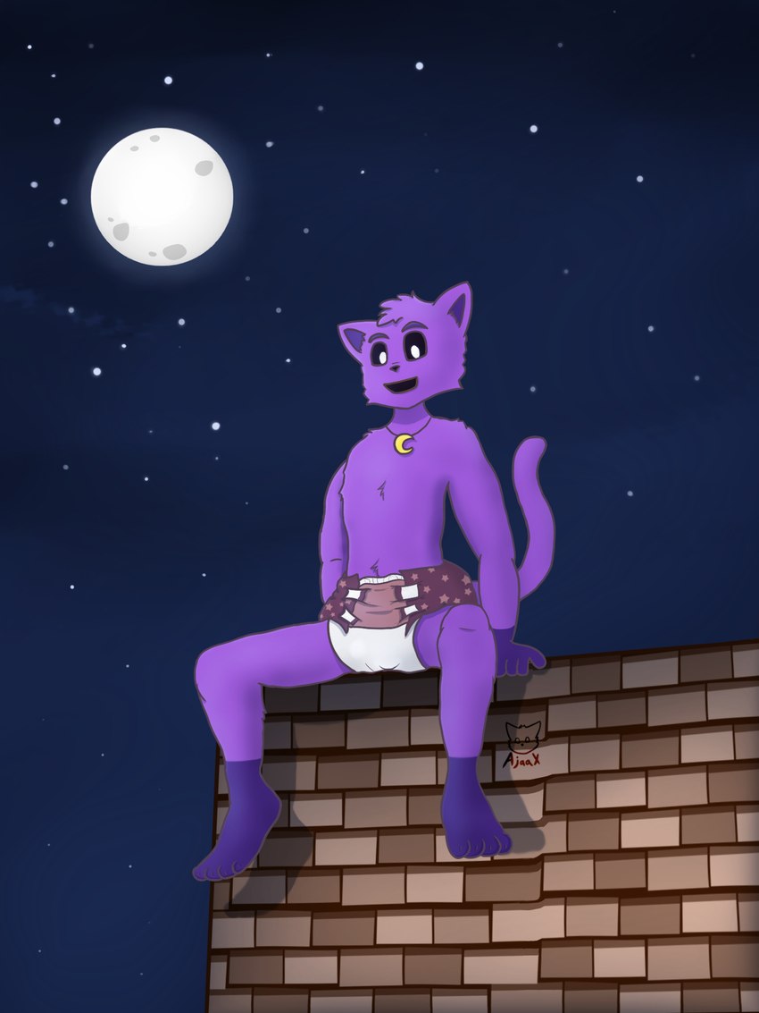 ageplay anthro clothed clothing concrete_wall diaper infantilism light male moon moonlight pupils roleplay side_view sitting solo star tail wall_(structure) wearing_diaper white_pupils ajaaaax mob_entertainment poppy_playtime smiling_critters catnap_(poppy_playtime) domestic_cat felid feline felis mammal 3:4 absurd_res hi_res