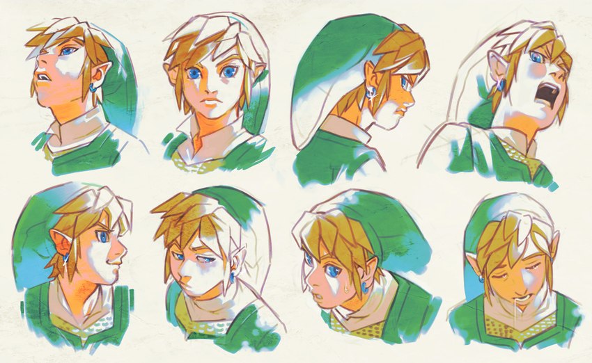 blue_eyes bodily_fluids clothed clothing drooling eyebrows green_clothing hair humanoid_pointy_ears male not_furry open_mouth pointy_ears saliva sleeping solo uzucake nintendo skyward_sword the_legend_of_zelda link humanoid hylian