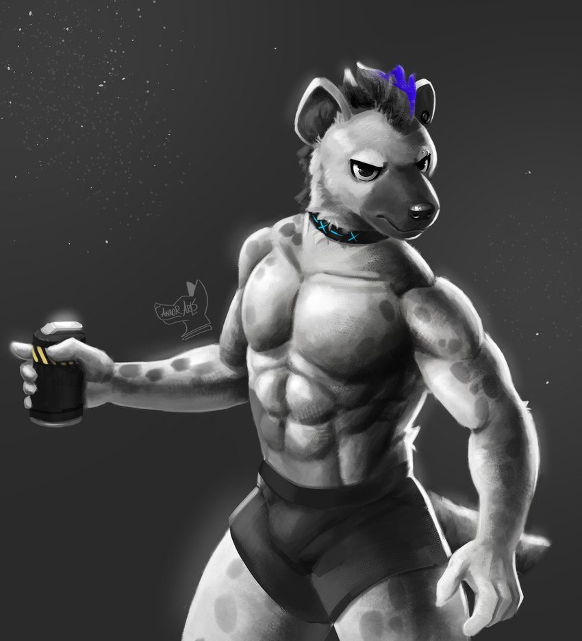 abs anthro athletic athletic_anthro athletic_male black_body black_fur black_hair clothed clothing collar ear_piercing eyebrow_piercing facial_piercing fur gloves grey_body grey_fur hair half-closed_eyes handwear holding_object looking_at_viewer male markings muscular muscular_male narrowed_eyes pecs piercing solo spots spotted_body spotted_fur tail topless topless_anthro topless_male underwear underwear_only ankorthewolf arknights hypergryph studio_montagne spot_(arknights) hyena mammal spotted_hyena 2023 hi_res