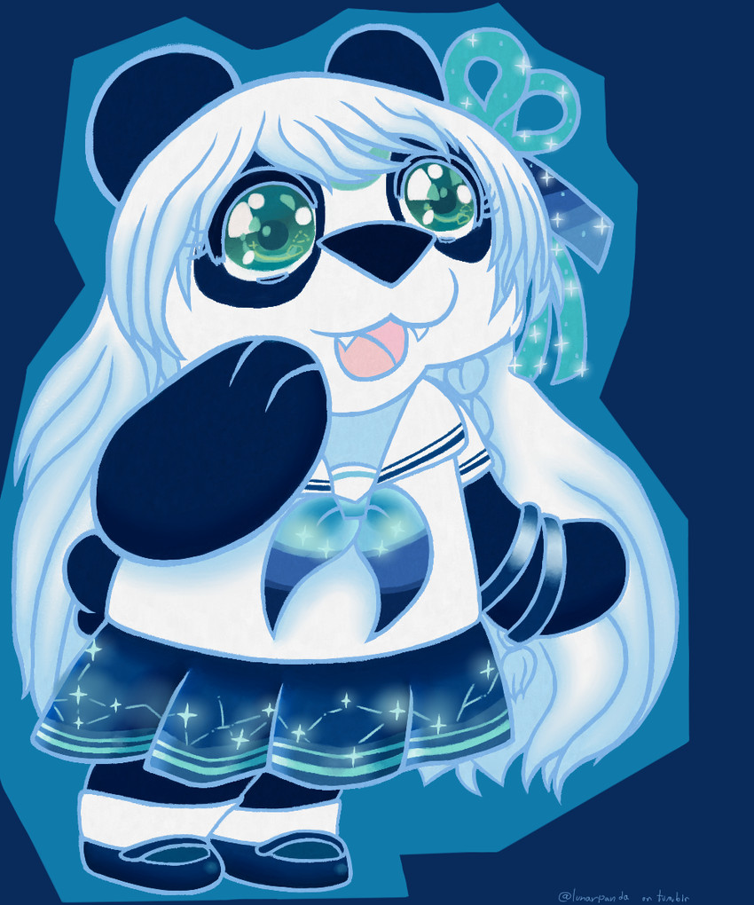 anthro asian_clothing black_body black_fur black_nose blue_clothing bottomwear bracelet braided_hair chibi clothed clothing east_asian_clothing fangs female footwear fur fur_markings green_eyes hair japanese_clothing japanese_school_uniform jewelry long_hair markings open_mouth open_smile pattern_bottomwear pattern_clothing pattern_skirt ribbons round_ears school_uniform serafuku shoes simple_background skirt slightly_chubby smile socks solo sparkles star stripes tail teeth uniform white_body white_clothing white_fur white_hair lunarpanda8686 mika_(lunarpanda8686) bear giant_panda mammal ursine 5:6 digital_media_(artwork) hi_res