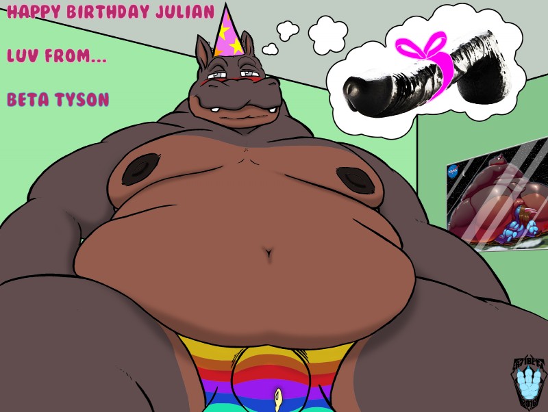 anthro belly big_belly biped birthday blush bodily_fluids brown_body brown_skin bulge clothing cum dildo dirty genital_fluids genitals happy_birthday male moobs obese obese_anthro obese_male overweight overweight_anthro overweight_male penis rainbow sex_toy simple_background solo text thought_bubble underwear sr71beta julian_(kazecat) common_hippopotamus hippopotamid mammal english_text hi_res