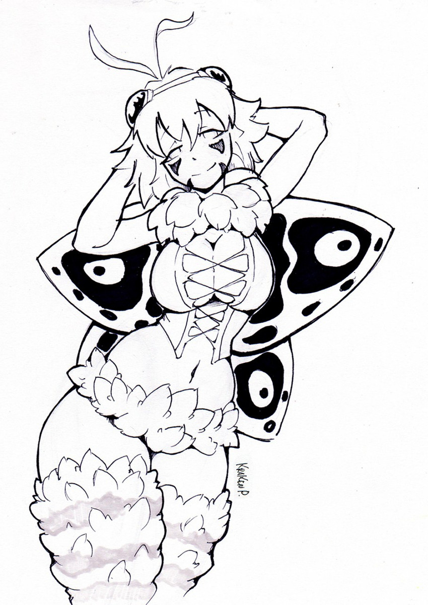 big_breasts breasts cleavage clothed clothing corset eyebrow_through_hair eyebrows eyelashes feathers female fluffy hair lingerie looking_at_viewer navel non-mammal_breasts not_furry patterns simple_background smile solo text topwear translucent translucent_hair white_background wing_pattern wings krakenparty inktober arthropod insect lepidopteran moth 2017 black_and_white english_text hi_res monochrome signature sketch traditional_media_(artwork)