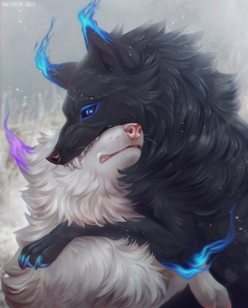 ambiguous_gender black_body black_fur blue_eyes duo feral fur paws teeth white_body white_fur naiterion canid canine canis mammal wolf 2023 digital_media_(artwork) hi_res