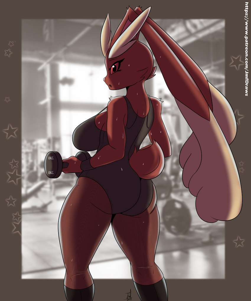 anthro big_breasts bodily_fluids breasts brown_body brown_fur butt clothed clothing dumbbell exercise female fur solo sweat weightlifting weights workout jmf quakebrothers nintendo pokemon generation_4_pokemon lopunny pokemon_(species) 5:6 hi_res portrait three-quarter_portrait