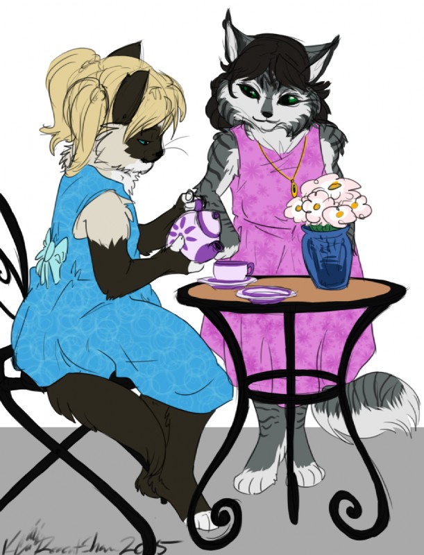 anthro beverage clothed clothing duo female fur hair jewelry necklace simple_background sitting smile standing tea white_background regentshaw felid mammal