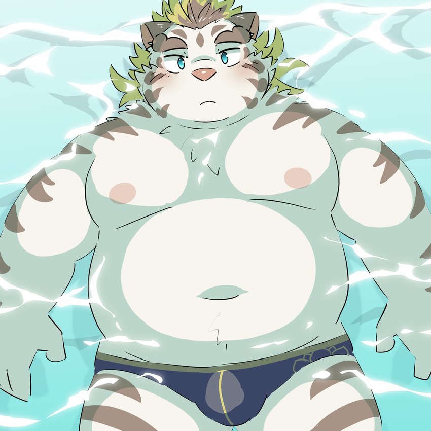 anthro belly big_belly blush bulge clothing kemono male moobs navel nipples overweight overweight_male solo underwear water white_body ptcmtr lifewonders tokyo_afterschool_summoners licho_(tas) felid mammal pantherine tiger 1:1 2022 hi_res