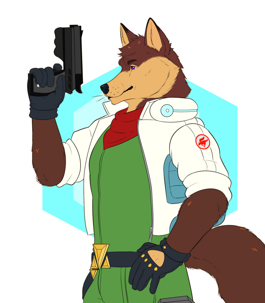 anthro belt clothed clothing cosplay flight_suit fully_clothed gloves handwear imposter jacket male scarf solo topwear weapon treebarkdragon nintendo star_fox canid canine mammal