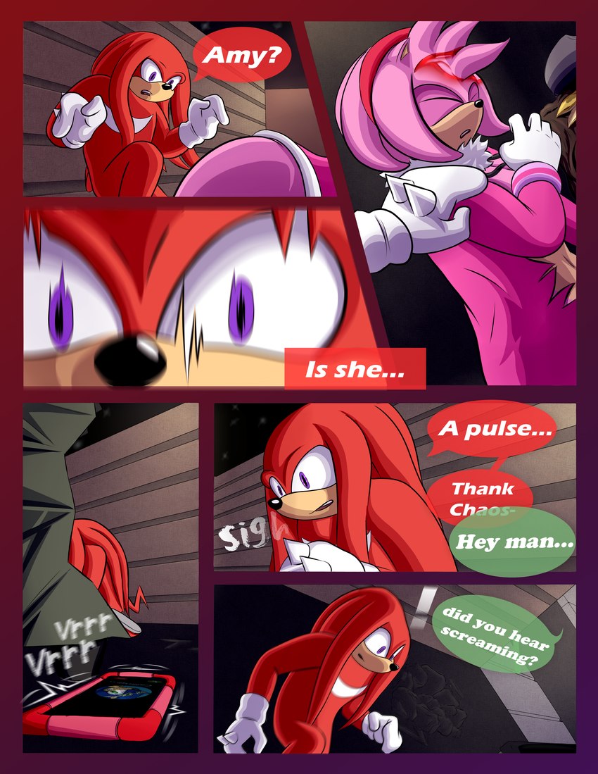 anthro blood bodily_fluids clothed clothing detailed_background duo female fur handwear male purple_eyes text breech_loader toso sega sonic_the_hedgehog_(series) amy_rose knuckles_the_echidna echidna eulipotyphlan hedgehog mammal monotreme 2020 absurd_res comic english_text hi_res