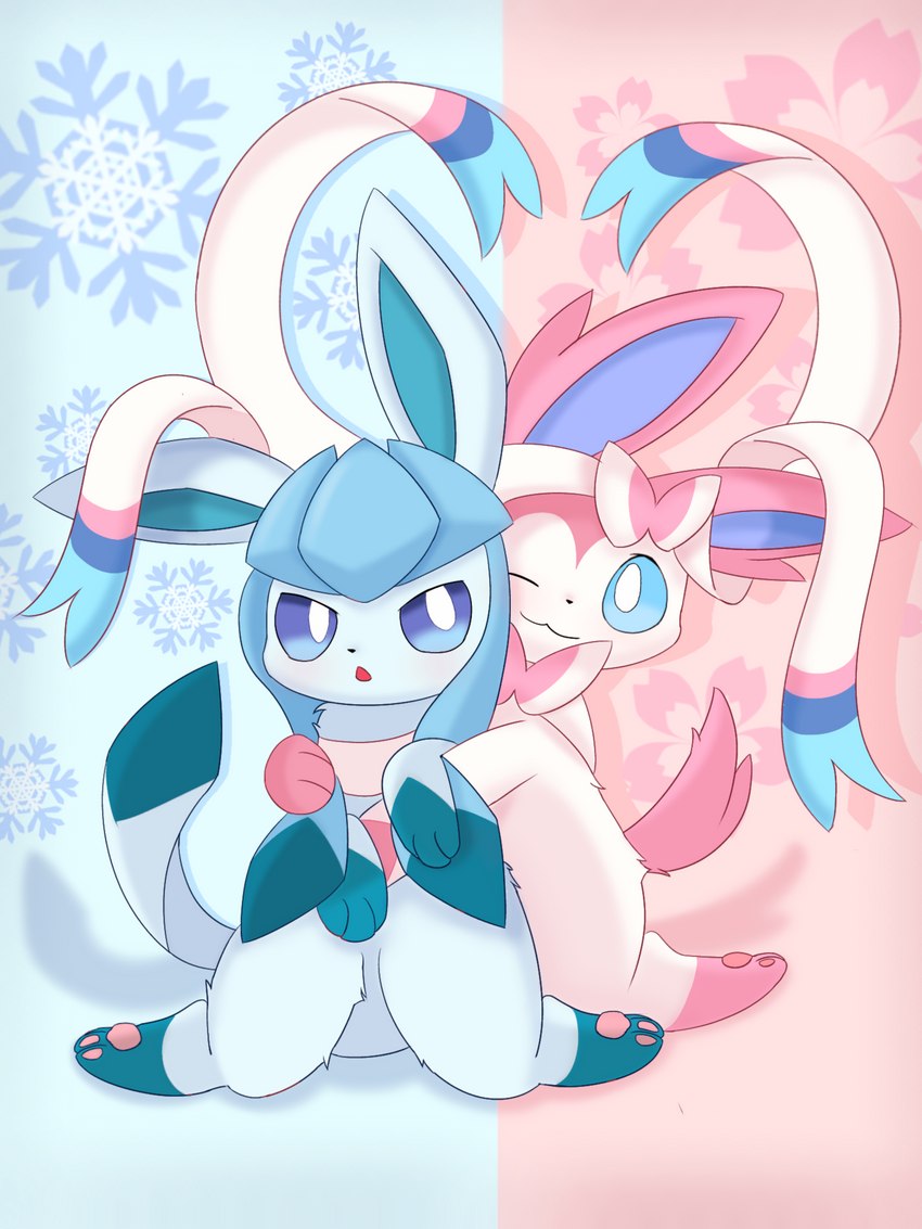 ambiguous_gender anthro big_ears blue_body blue_eyes blue_fur blue_paws blush cuddling duo feral fur heart_symbol kneeling looking_at_viewer open_mouth pink_body pink_fur pink_paws pink_tail ribbons simple_background smile tail rael nintendo pokemon eeveelution generation_4_pokemon generation_6_pokemon glaceon pokemon_(species) sylveon absurd_res hi_res