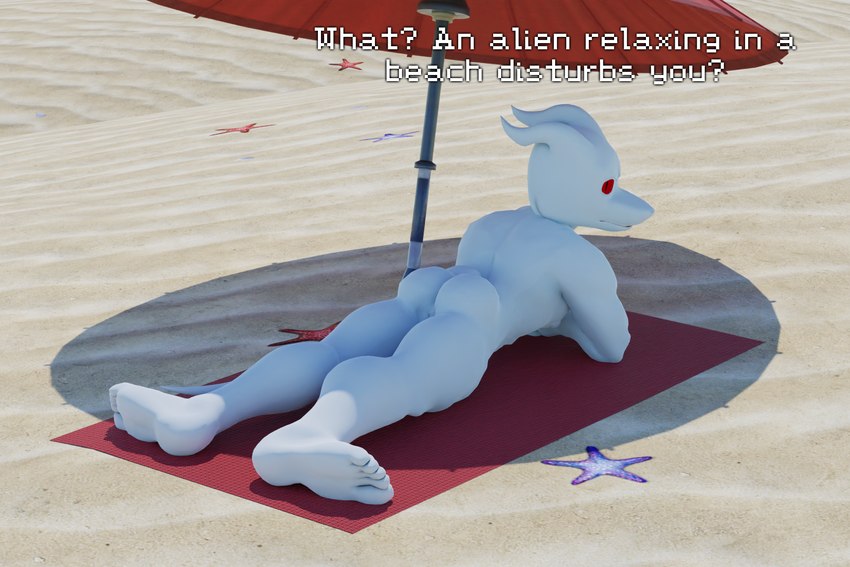 anus beach bubble_butt butt feet looking_at_viewer looking_back lying male muscular muscular_male nude outside rear_view red_eyes sand seaside shadow solo sunny tail teeth teeth_showing text thick_thighs towel umbrella white_body white_skin white_text albalbalb earthbound_(series) nintendo giygas alien gieeg humanoid 2023 3:2 3d_(artwork) digital_media_(artwork) english_text hi_res