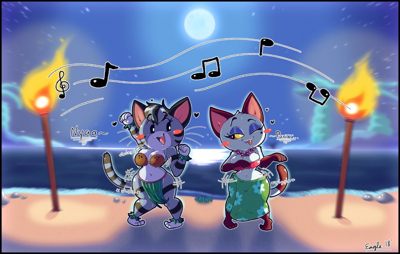 anthro beach big_breasts black_border blush border breasts cleavage clothed clothing coconut_bra dancing detailed_background duo eyeshadow female fur grass_skirt hair hula makeup markings mole_(marking) musical_note musical_symbol navel outside sand seaside short_stack sky smile symbol text white_body white_fur outletdraws animal_crossing nintendo lolly_(animal_crossing) olivia_(animal_crossing) domestic_cat felid feline felis mammal tabby_cat 2018 digital_media_(artwork) hi_res