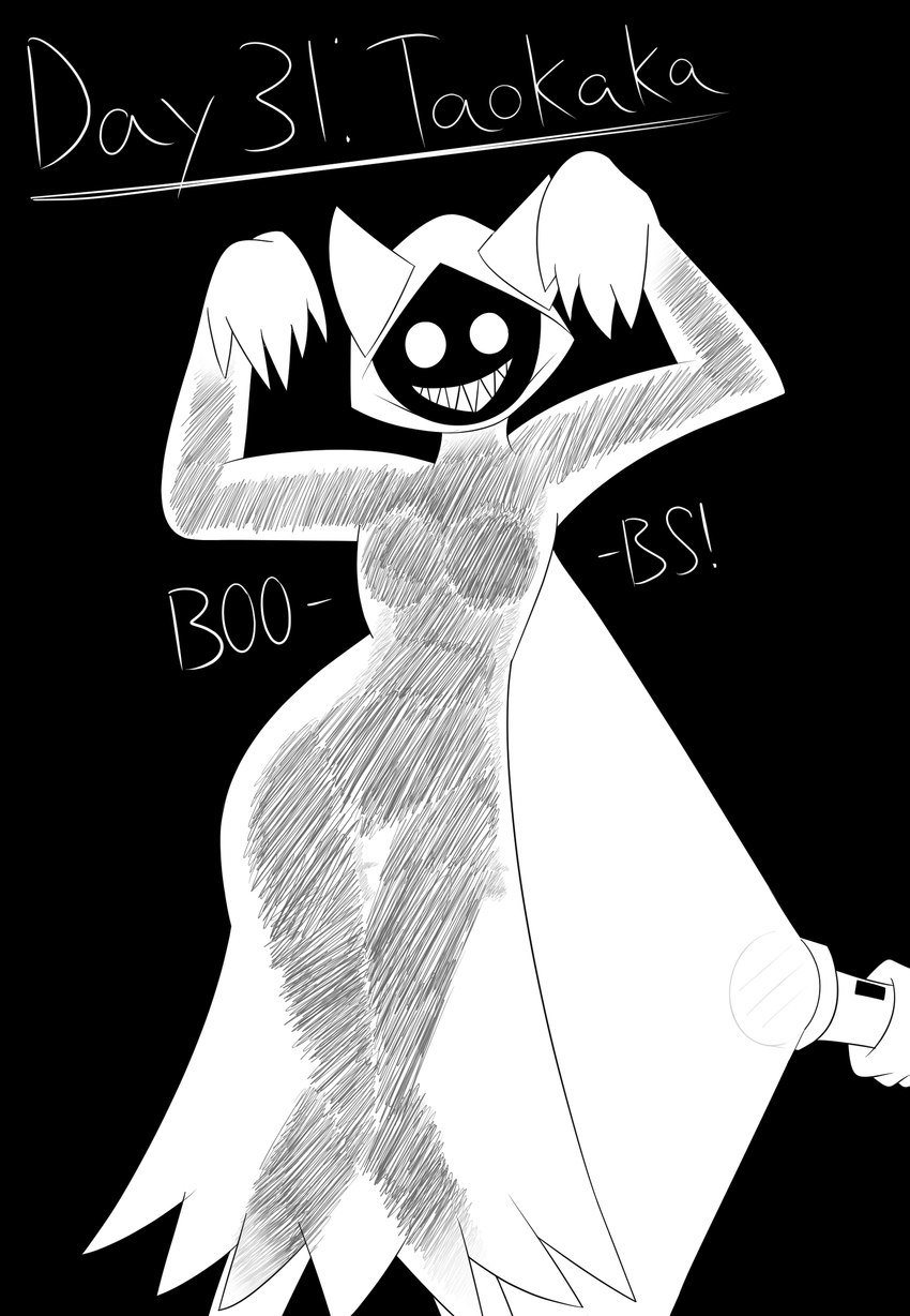 ambiguous_gender anthro breasts clothing disembodied_hand duo female flashlight ghost_costume grin shadow_face smile text translucent translucent_clothing himitsu arc_system_works blazblue taokaka felid kaka_(blazblue) mammal 2021 absurd_res black_and_white digital_media_(artwork) full-length_portrait hi_res monochrome portrait sketch