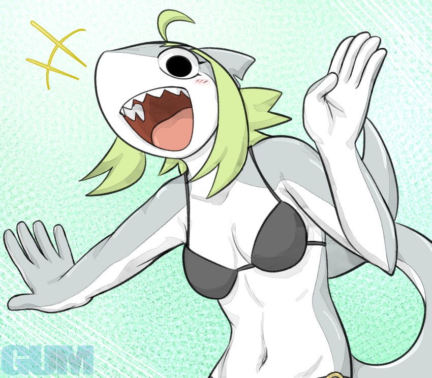 5_fingers anthro bikini bikini_top black_bikini black_bikini_top black_clothing black_eyes black_swimwear blush blush_lines breasts cleavage clothed clothing eyelashes female fin fingers gesture green_hair grey_body grey_skin hair looking_at_viewer multicolored_body navel non-mammal_breasts notched_fin open_mouth open_smile sharp_teeth simple_background smile solo swimwear tail teeth tongue topwear two-piece_swimsuit two_tone_body underwear waving white_body white_skin gum-k roji_(cat_pepper) fish marine shark 2023