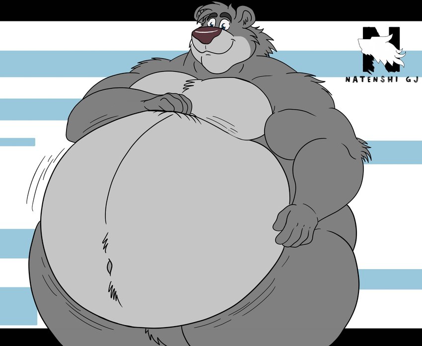 anthro barefoot belly big_belly feet front_view fur hand_on_belly male mouth_closed navel nude obese obese_anthro obese_male overweight overweight_anthro overweight_male scratching_belly smile solo standing thick_thighs wide_eyed wide_hips zangokunatenshi disney the_jungle_book baloo 2024 hi_res signature