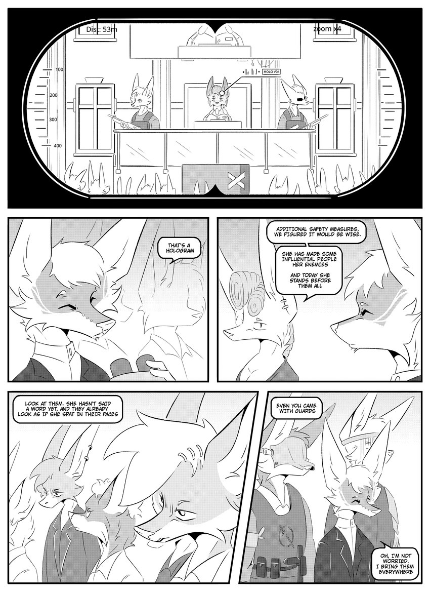 ambiguous_gender anthro clothed clothing dermal_piercing dialogue ear_piercing female group inner_ear_fluff male mask piercing simple_background speech_bubble text tuft kifyun2 charlotte_abe ren_yoshida arctic_fox canid canine fox mammal marble_fox red_fox true_fox absurd_res black_and_white comic english_text hi_res monochrome