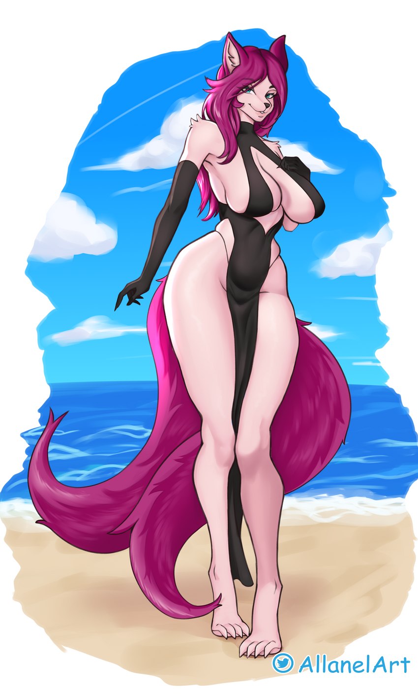 anthro clothed clothing dress female hair pink_hair sea solo tail water allanel canid canine fox mammal absurd_res hi_res