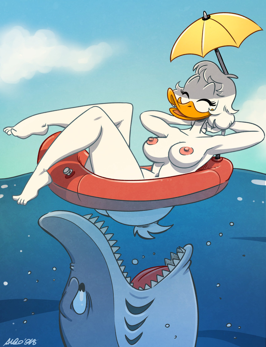 anthro areola breasts butt female inflatable inner_tube navel nipples non-mammal_breasts nude sea skinny_dipping solo underwater water albo thegildoe donna_duck fan_character anatid anseriform avian bird duck fish marine shark absurd_res hi_res