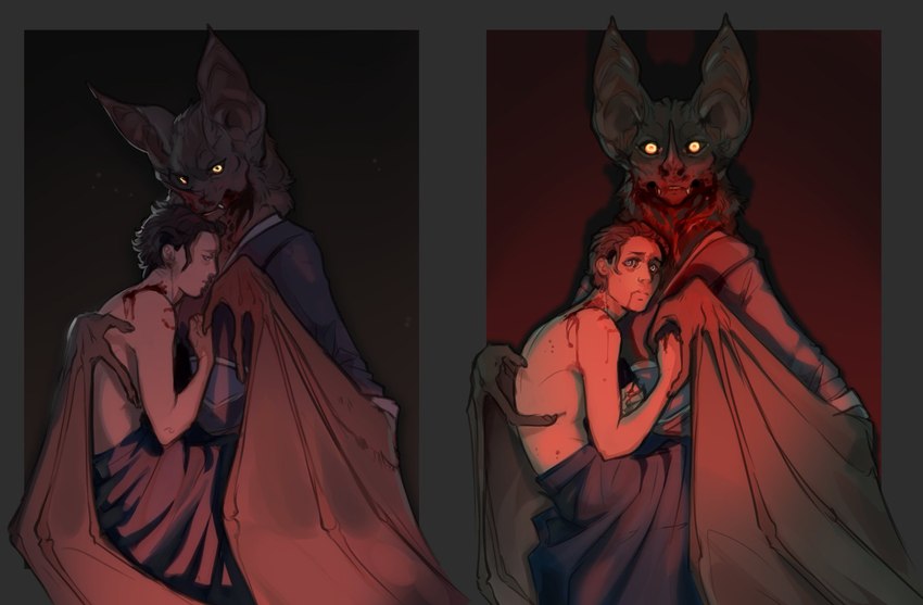 anthro bat_ears bat_nose bat_wings bite bite_mark blood blood_covered blood_on_face blood_on_mouth blood_on_neck blood_on_shoulder bodily_fluids clothed clothing cuddling duo fangs female glowing glowing_eyes hug larger_anthro larger_female looking_at_another looking_at_viewer male male/female membrane_(anatomy) membranous_wings neck_tuft robe shoulder_bite size_difference smaller_human smaller_male teeth topless tuft winged_arms wings yellow_eyes awkwardos elena_(validheretic) bat human leaf-nosed_bat mammal microbat vampire_bat yangochiropteran 2022 digital_media_(artwork) hi_res multiple_images