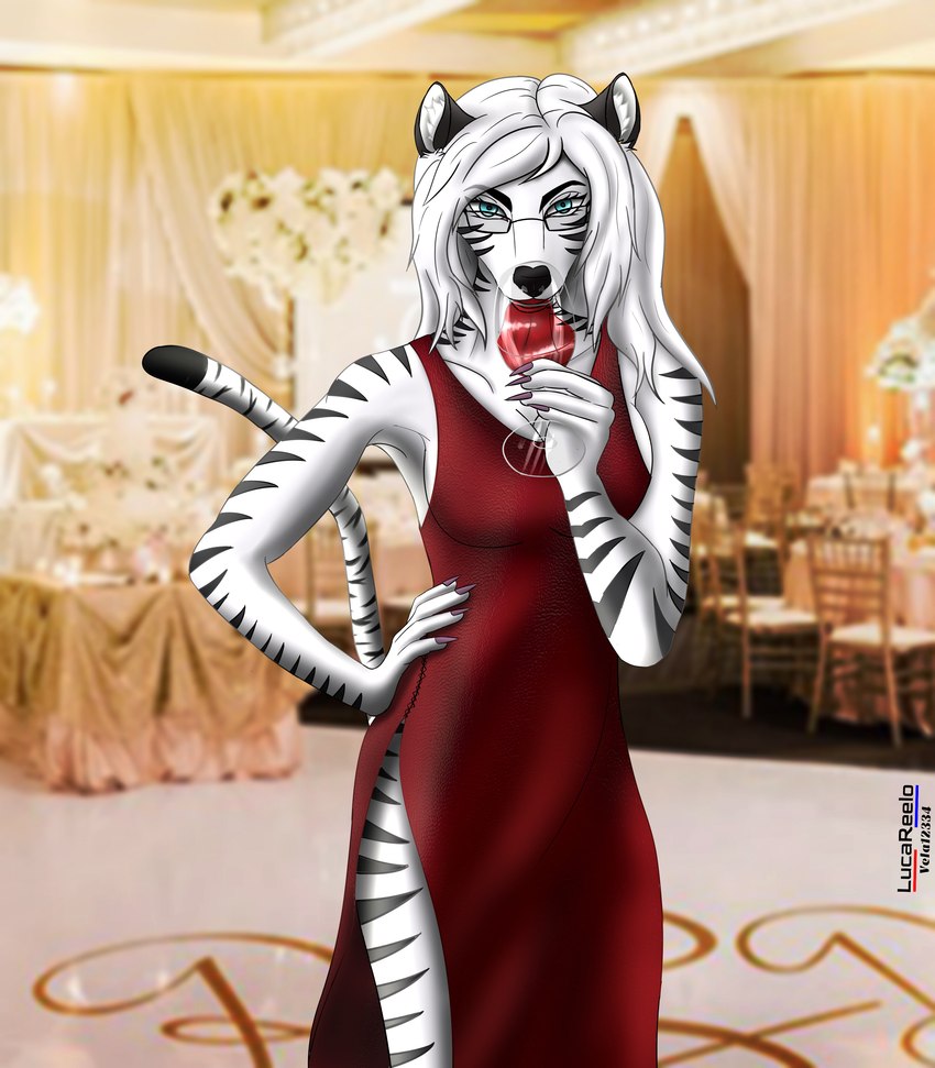 alcohol anthro ballroom beverage black_body black_fur breasts clothed clothing curvy_figure dress evening_gown female fingernails fur hair nails party red_clothing side_boob side_slit side_slit_clothing side_slit_dress solo standing striped_body striped_fur stripes white_body white_fur wine lucareelo felid feline mammal pantherine tiger absurd_res digital_media_(artwork) hi_res shaded soft_shading