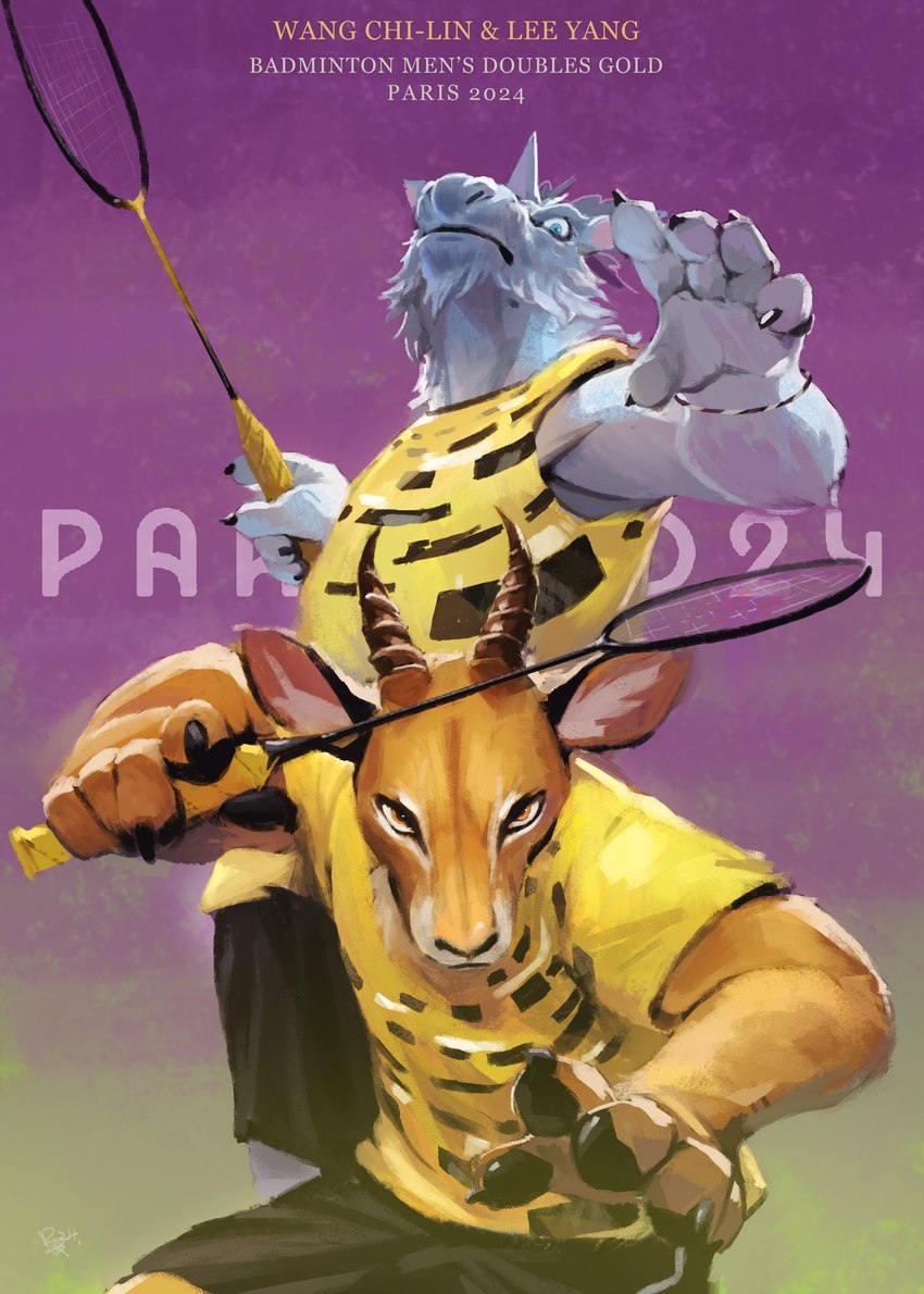 badminton badminton_racket blue_body blue_fur clothed clothing duo fur horn looking_at_viewer male mane orange_body orange_fur pawpads sport text racoonwolf 2024_paris_olympics capcom monster_hunter olympics antelope bovid elder_dragon kirin_(mh) mammal english_text hi_res