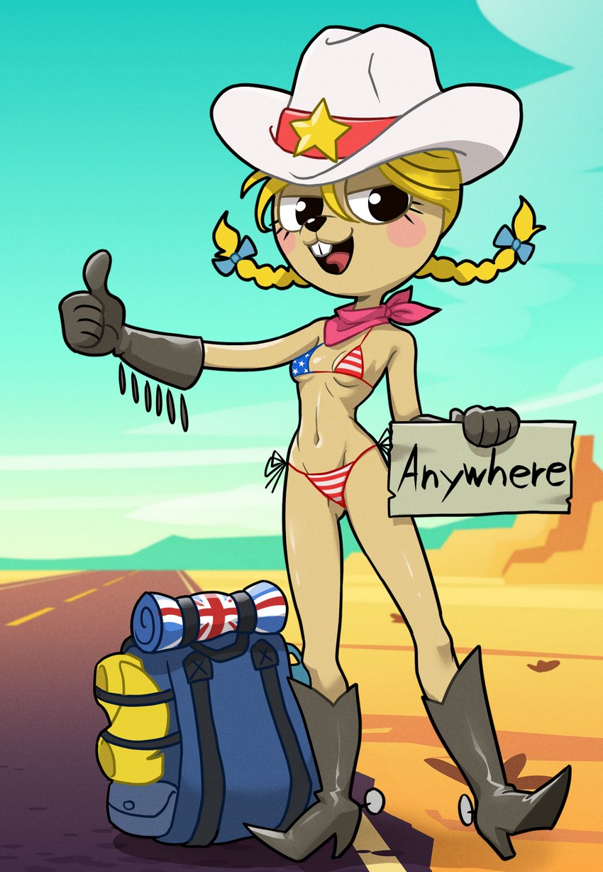 american_flag_bikini anthro backpack bikini bikini_cowgirl black_eyes blonde_hair boots braided_pigtails buckteeth clothing cowboy_boots cowboy_hat crotch_lines desert female flag_bikini footwear gesture hair hand_gesture hat headgear headwear high_heeled_boots high_heels hitchhiking navel pigtails road scarf shoes solo swimwear teeth thumbs_up two-piece_swimsuit centinel303 cartoon_network foster's_home_for_imaginary_friends eurotrish imaginary_friend mammal rodent 2022 hi_res