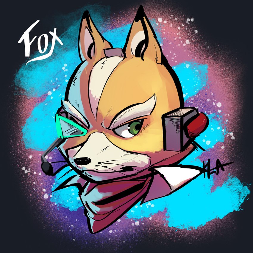 anthro brown_body brown_fur clothing electronics eyebrows fur green_eyes headgear headphones headset kerchief male neckerchief neckwear scouter solo text whiskers tkaoaii-artz nintendo star_fox fox_mccloud canid canine fox mammal 1:1 2024 english_text headshot_portrait hi_res portrait