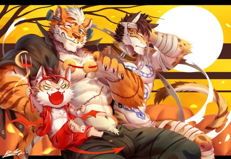 abs anthro biceps countershading fur group hair holidays male muscular muscular_male pecs spots stripes tattoo rabbity halloween nekojishi studio_klondike likulau lin_hu shu-chi clouded_leopard felid feline leopard_cat mammal pantherine prionailurus tiger 2018 hi_res