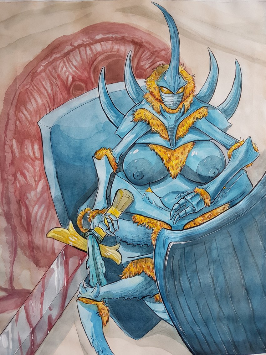 anthro areola big_breasts blood blood_on_weapon blue_areola blue_body blue_nipples bodily_fluids breasts female fur gore holding_melee_weapon holding_object holding_sword holding_weapon huge_breasts melee_weapon multi_limb nipples shield shield_on_back solo sword weapon yellow_body yellow_eyes yellow_fur wyrmskin arthropod beetle insect rhinoceros_beetle scarabaeid 3:4 hi_res traditional_media_(artwork)