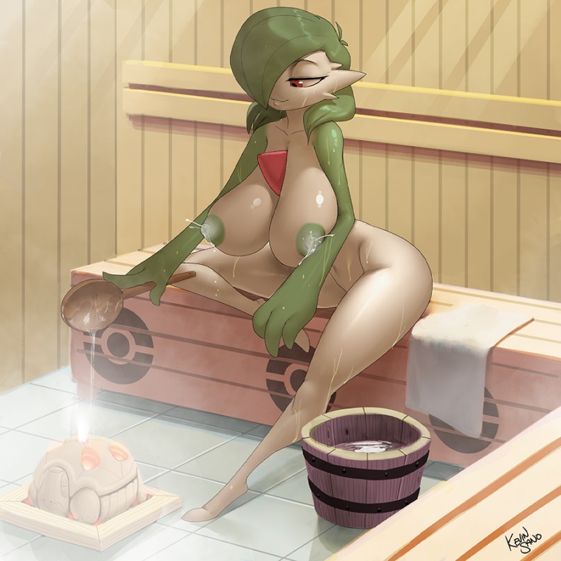 areola big_breasts bodily_fluids breasts female green_nipples holding_object inside lactating milk nipples not_furry projectile_lactation red_eyes sauna sitting smile solo sweat towel kevinsano nintendo pokemon gardevoir generation_3_pokemon pokemon_(species) torkoal 1:1 2018 digital_media_(artwork)