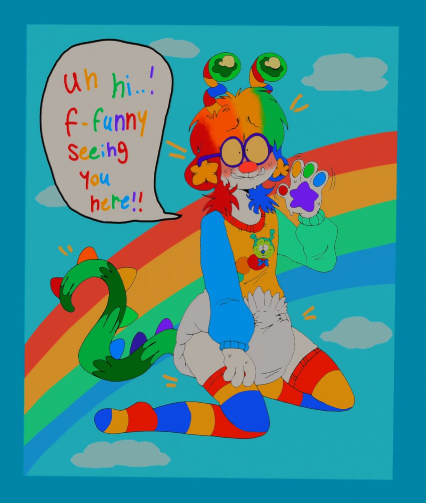 ambiguous_gender antennae_(anatomy) anthro blue_background blush clean_diaper clothed clothing cloud dialogue diaper embarrassed eyewear footwear fur gesture glasses hair kneeling multicolored_hair pawpads paws rainbow rainbow_hair round_glasses simple_background socks solo speech_bubble spikes spikes_(anatomy) surprise surprised_expression sweater text topwear waving wearing_diaper white_body white_fur kippinz kip_(kippinz) canid canine canis domestic_dog hybrid mammal 2024 english_text hi_res nonbinary_(lore)