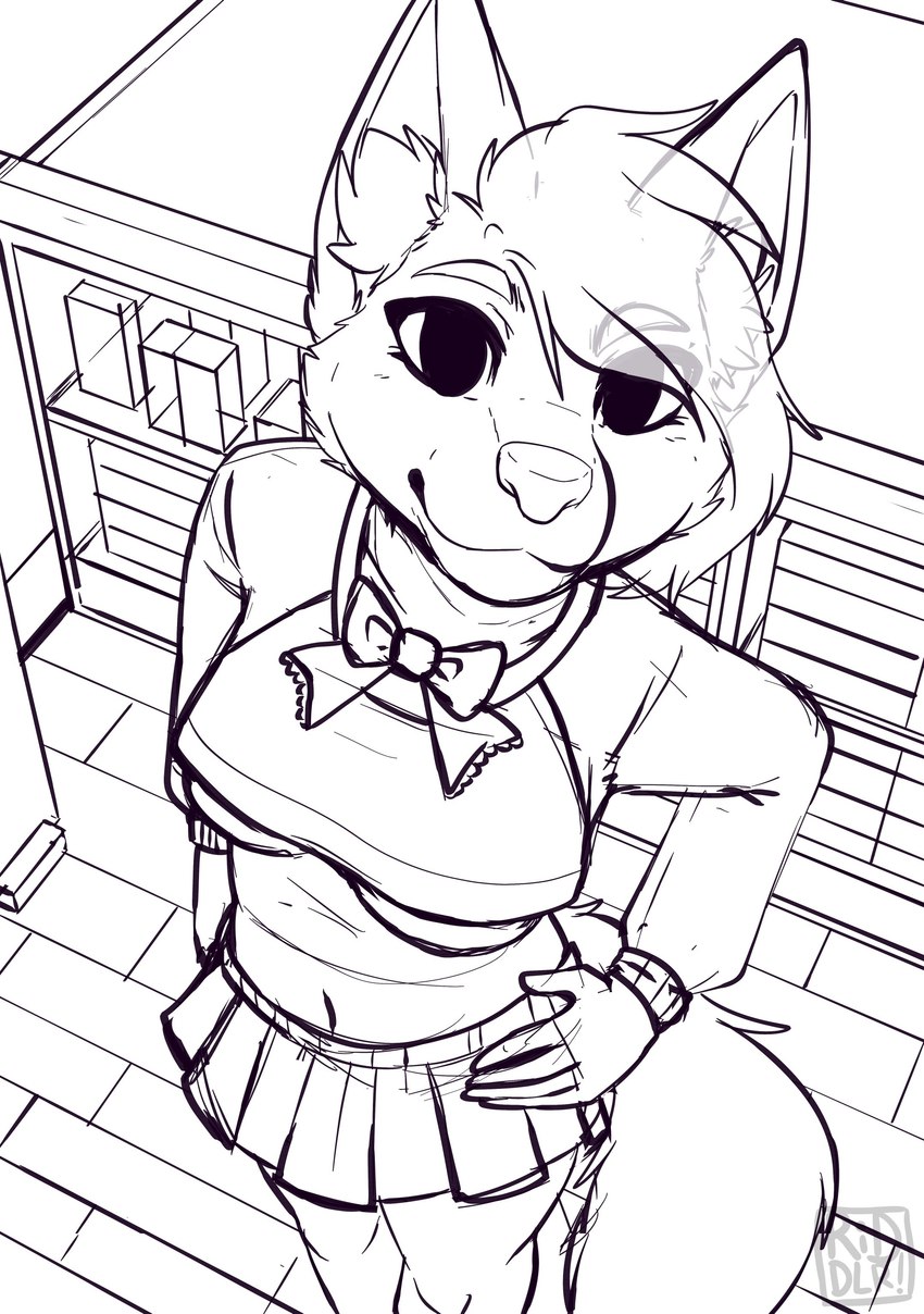 anthro bottomwear breasts clothed clothing female front_view hand_on_hip inside looking_at_viewer mouth_closed shelf skirt solo standing under_boob riddlr canid canine mammal absurd_res hi_res monochrome sketch