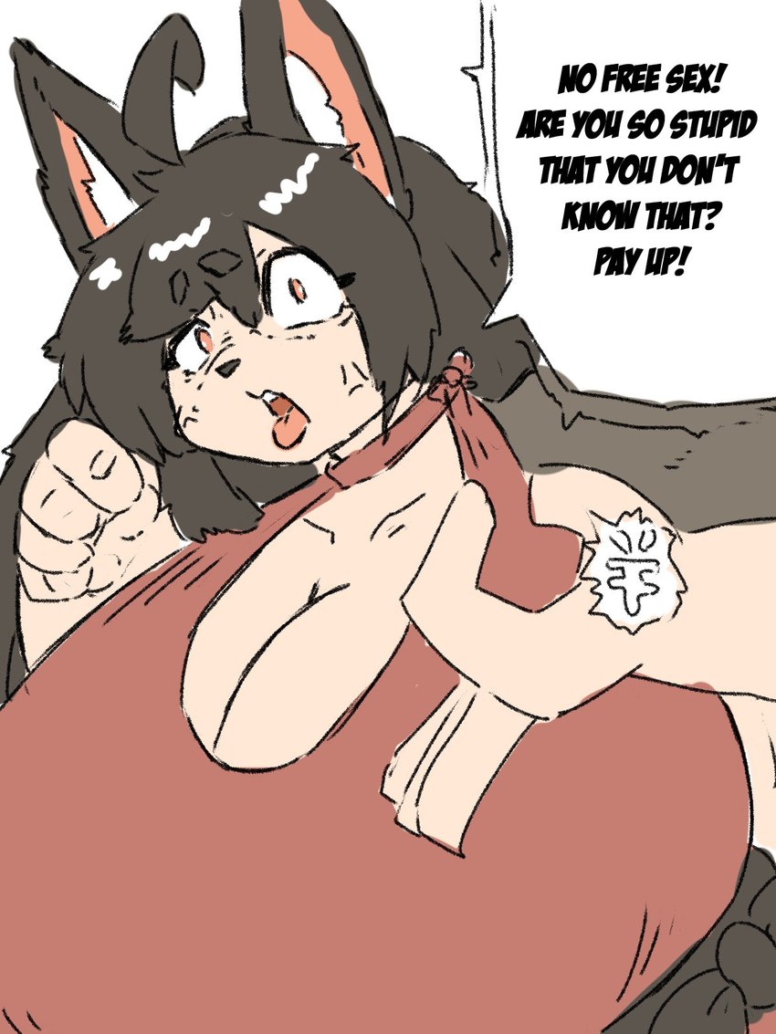 angry annoyed anthro big_breasts breasts cleavage clothed clothing cross-popping_vein female huge_breasts looking_at_viewer solo text upper_body komenuka_inaho mohuko_(komenuka_inaho) canid canine canis domestic_dog mammal 3:4 english_text hi_res