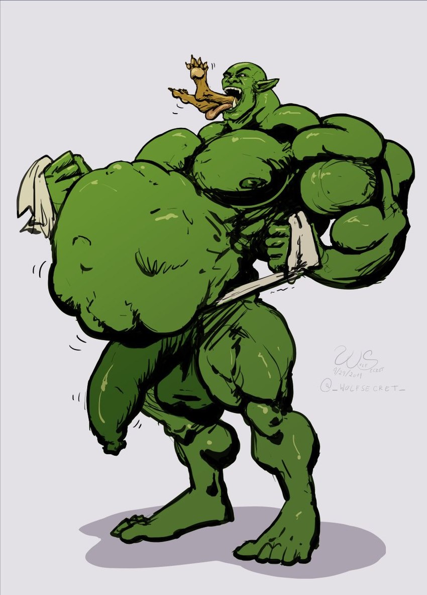 abdominal_bulge almost_fully_inside ambiguous_gender anthro bald balls belly big_balls big_belly big_penis brown_body brown_fur duo foreskin fur genitals green_body green_skin half-erect larger_male male muscular muscular_male oral_vore partially_inside paws pecs penis size_difference tight_foreskin tongue tongue_out tusks vore wolfsecret humanoid orc hi_res