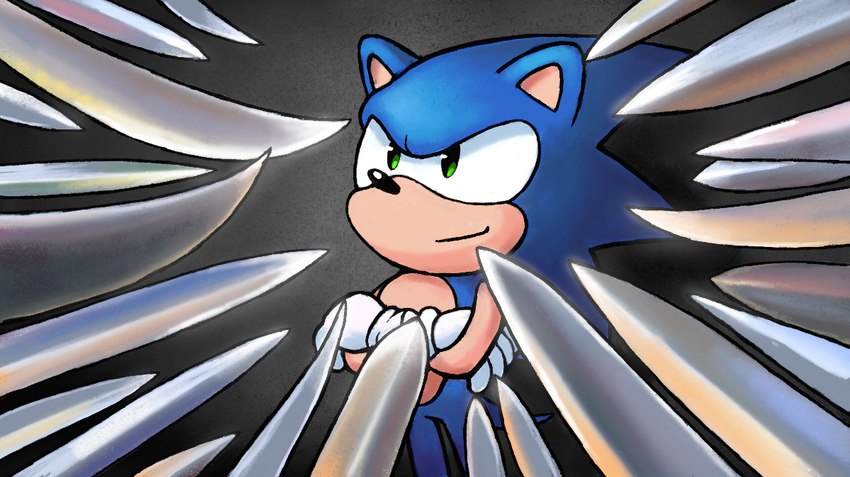 anthro biped blue_body blue_fur clothing crossed_arms fur gloves green_eyes handwear male melee_weapon smile solo standing sword weapon white_clothing white_gloves white_handwear cortoony knife_cat sega smug_cat sonic_the_hedgehog_(series) sonic_the_hedgehog eulipotyphlan hedgehog mammal 2021 digital_media_(artwork) meme reaction_image