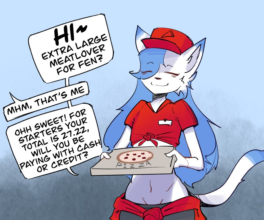 anthro blue_hair clothing container crop_top delivery_(commerce) dialogue duo femboy food_delivery hair male pizza_box pizza_delivery shirt speech_bubble topwear white_body ds0ivi0 stiria felid feline mammal 6:5 absurd_res hi_res