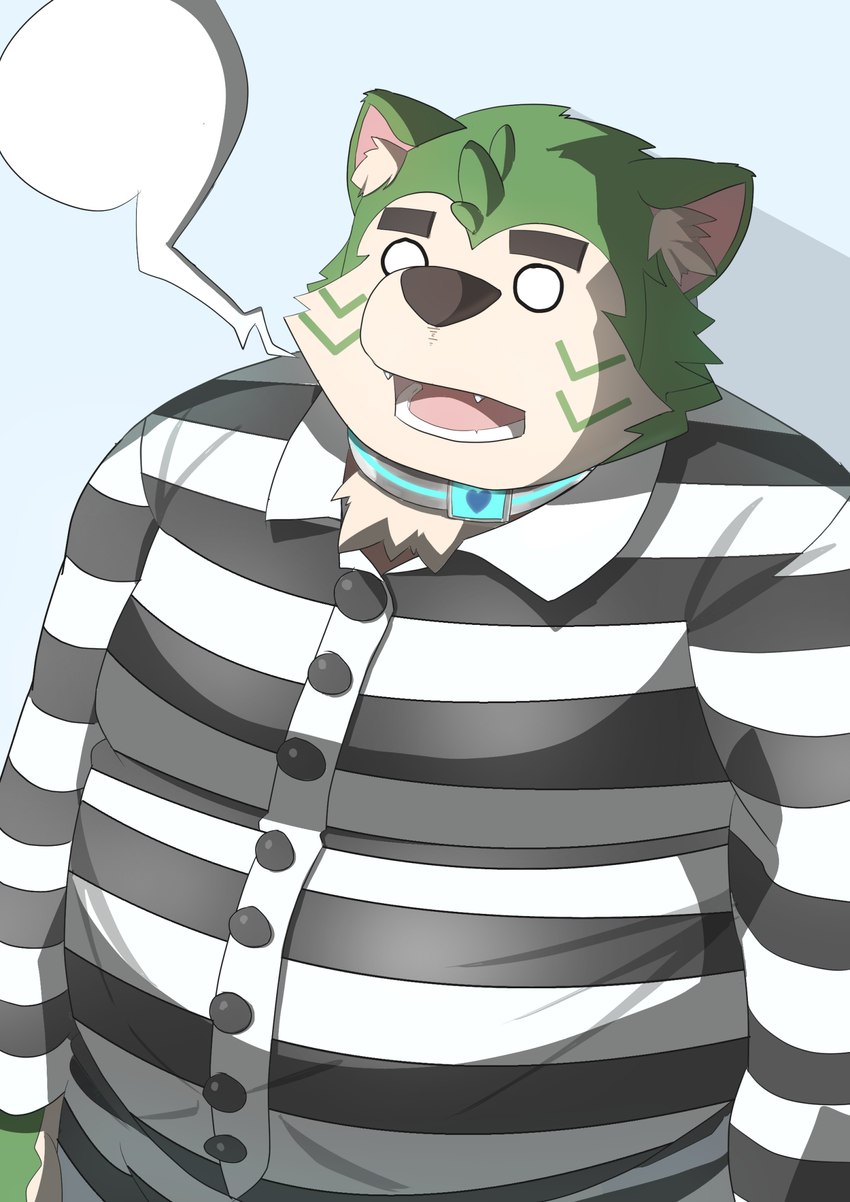 anthro collar eyebrows fur green_body green_fur male overweight prison_uniform solo thick_eyebrows toto3_official lifewonders live_a_hero mokdai canid canine canis domestic_dog mammal hi_res