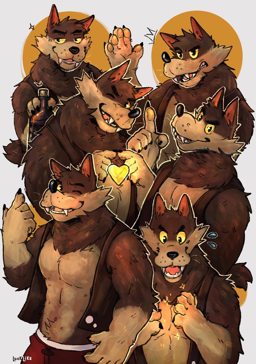 bottle bottomwear clothed clothing container eyebrows fangs heart_symbol jacket male muscular muscular_male pawpads sharp_teeth solo star_symbol tail teeth topwear whiskers luck_like hank_howell_(piti_yindee) canid canine canis mammal wolf 2024 artist_name hi_res watermark