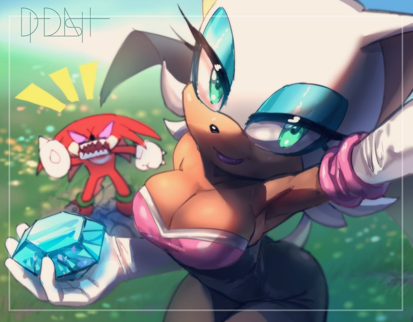 angry anthro armwear bare_shoulders big_breasts breasts chaos_emerald cleavage clothed clothing duo elbow_gloves eyeshadow female fur gem gloves handwear lipstick makeup male open_mouth selfie tan_body tan_skin white_body white_fur di-dash sega sonic_the_hedgehog_(series) knuckles_the_echidna rouge_the_bat bat echidna mammal monotreme 2024 absurd_res hi_res