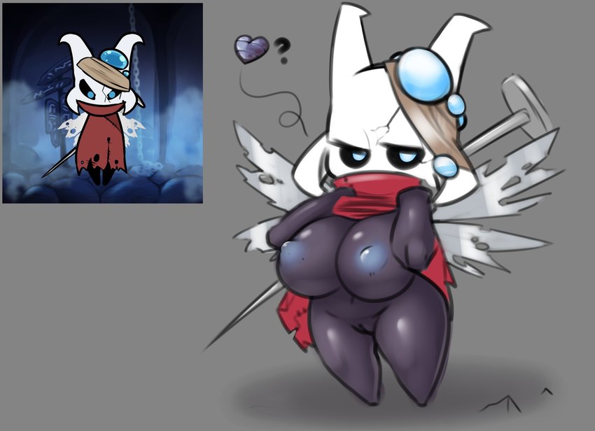 anthro areola biped black_body blue_areola blue_eyes blue_nipples breasts cloak clothing eyelashes featureless_feet feet female genitals grey_background heart_symbol horn looking_at_viewer melee_weapon multi_horn nail nail_(weapon) navel nipples pussy question_mark red_cloak red_clothing shadow short_stack simple_background solo standing weapon weapon_on_back wings unyin hollow_knight team_cherry vessel_(species) 2020 digital_media_(artwork) hi_res