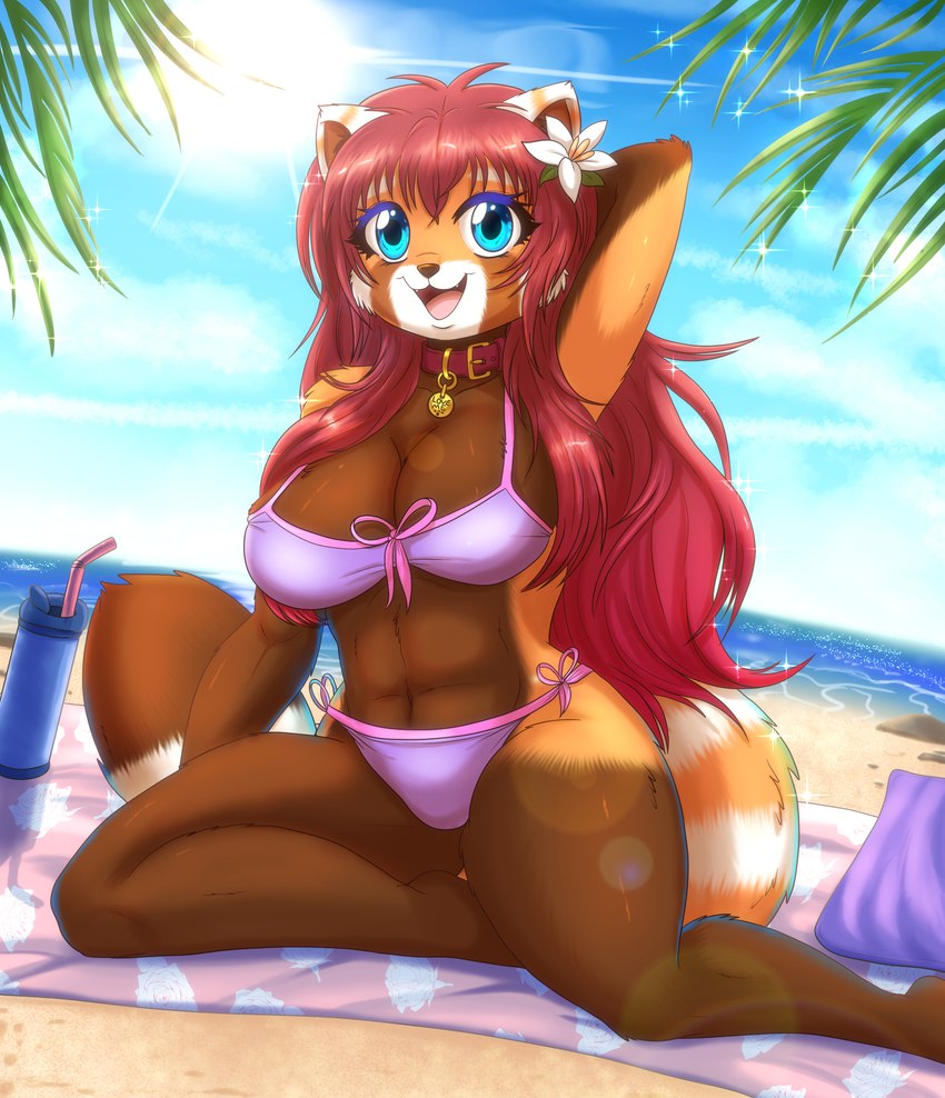 accessory anthro arm_tuft beach beach_towel beverage big_breasts bikini blue_eyes breasts brown_body brown_fur buckled_collar clothing collar eyelashes feet female flower flower_in_hair fur hair hair_accessory hand_behind_head inner_ear_fluff kneeling markings open_mouth open_smile orange_body orange_fur outside plant purple_bikini purple_clothing purple_swimwear red_hair ring_(marking) ringed_tail shoulder_tuft side-tie_bikini smile solo sparkles string_bikini striped_markings striped_tail stripes swimwear tail tail_markings towel tuft two-piece_swimsuit white_body white_fur saikyoryuuougi ailurid mammal red_panda 2024 absurd_res hi_res