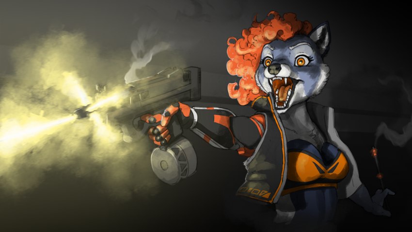 5_fingers breasts cheek_tuft clothed clothing curled_hair eyelashes facial_tuft female fingers gun hair holding_gun holding_object holding_ranged_weapon holding_weapon inner_ear_fluff muzzle_flash open_mouth orange_eyes orange_hair pointy_ears prick_ears ranged_weapon science_fiction sharp_teeth shooting_gun smoke teeth tuft weapon mammal procyonid raccoon 16:9 digital_drawing_(artwork) digital_media_(artwork) half-length_portrait portrait shaded soft_shading widescreen