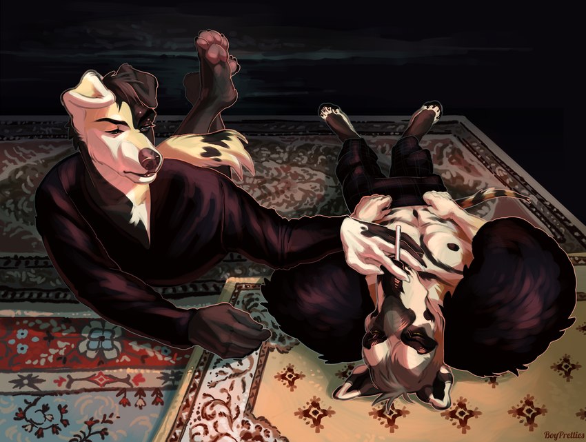 anthro black_clothing black_shirt black_topwear carpet clothed clothing duo fingers inside interior_background male male/male rug shirt topwear boypretties canid canine dasyuromorph mammal marsupial recently_extinct_species thylacine 2025 digital_media_(artwork) hi_res shaded