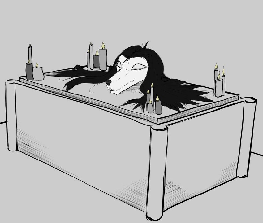 altar anthro black_hair candle disembodied_head eyes_closed female fire green_eyes hair long_hair simple_coloring solo doublespace bridgette_(thighlordash) hi_res