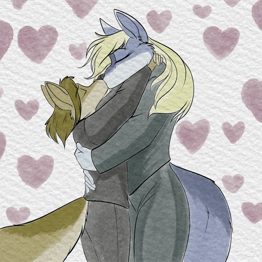 anthro black_nose blonde_hair blue_body blue_fur brown_body brown_fur brown_hair clothed clothing dipstick_ears duo ear_markings eyes_closed female fur hair heart_symbol kissing male male/female multicolored_ears tail foxenawolf charity_cross eric_cross canid canine canis coyote mammal wolf 1:1 2021 hi_res