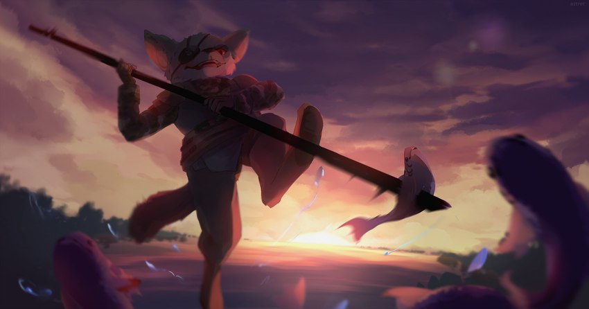 anthro clothed clothing detailed_background eye_patch eyewear fishing fur male melee_weapon polearm sky solo spear spearfishing sunset weapon kirkir biomutant mammal