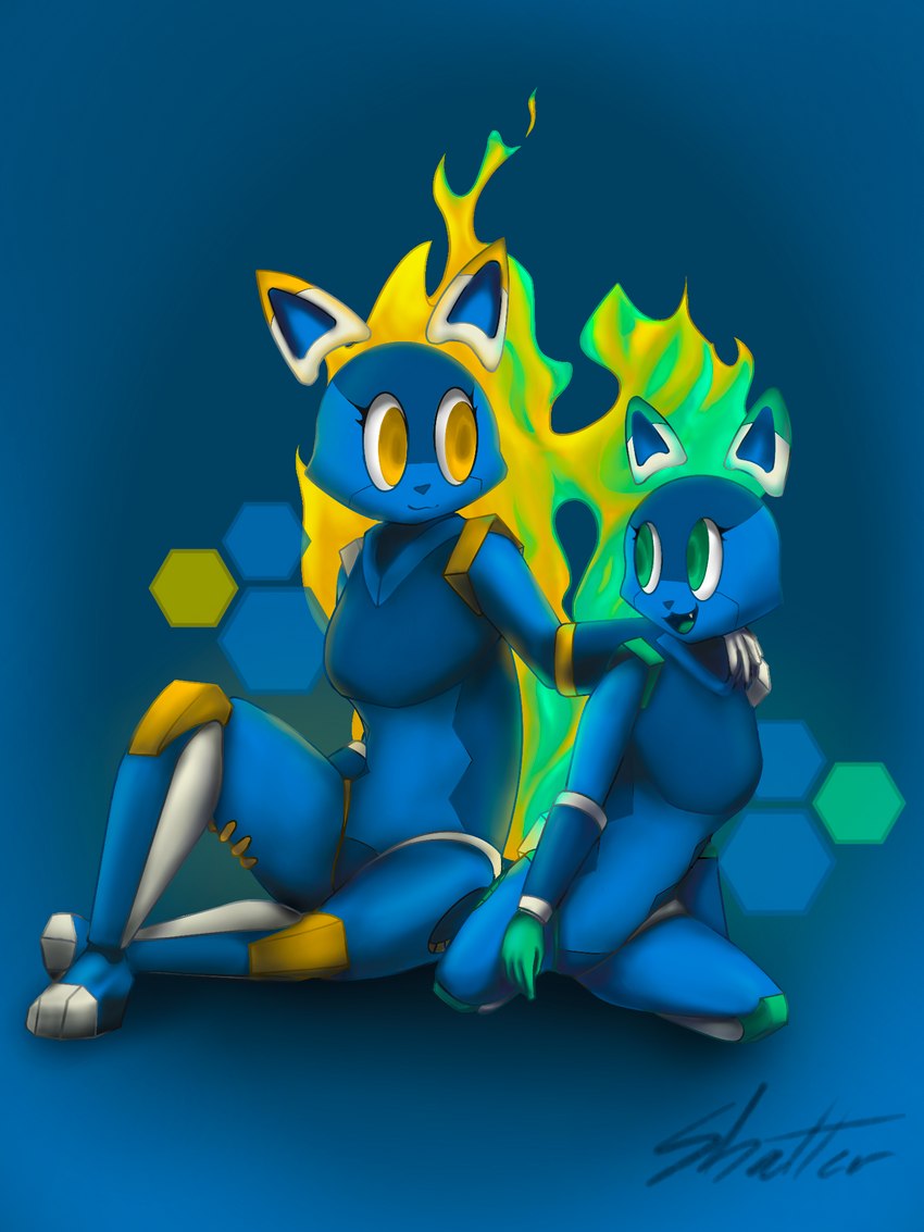 anthro biped duo female floating_tail hologram machine mascot open_mouth simple_background singature sitting smile tongue shatterstone e621 enine esix domestic_cat felid feline felis mammal robot 3:4 hi_res sibling_(lore) sister_(lore) sisters_(lore)